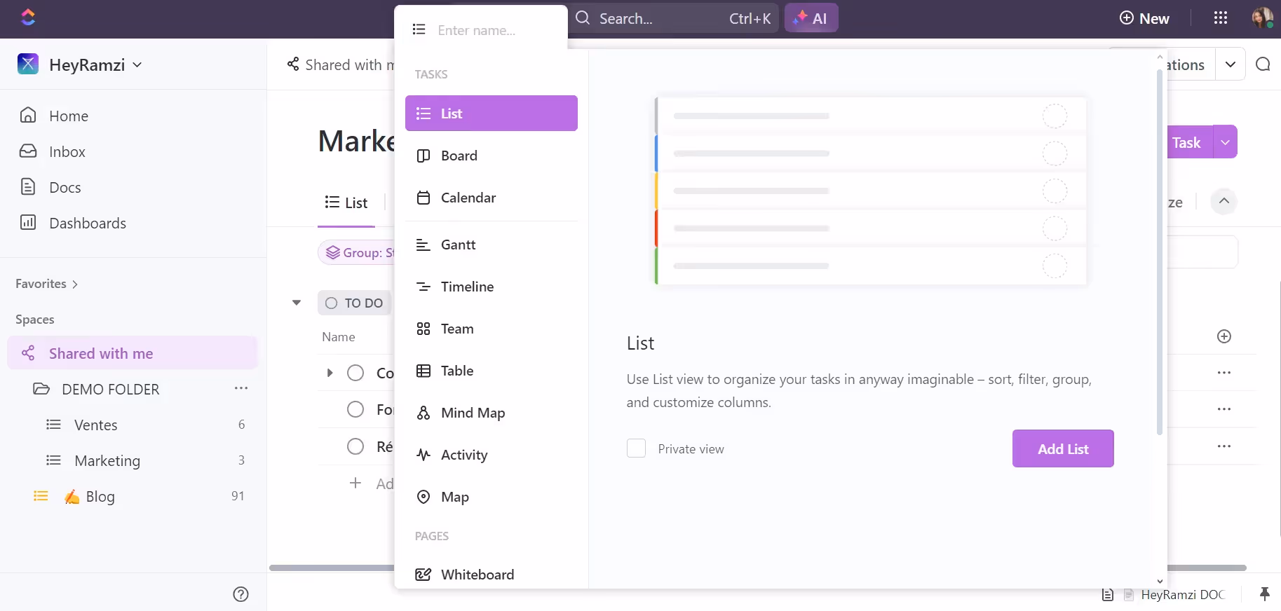 ClickUp's multiple view options such as List, Board, Gantt